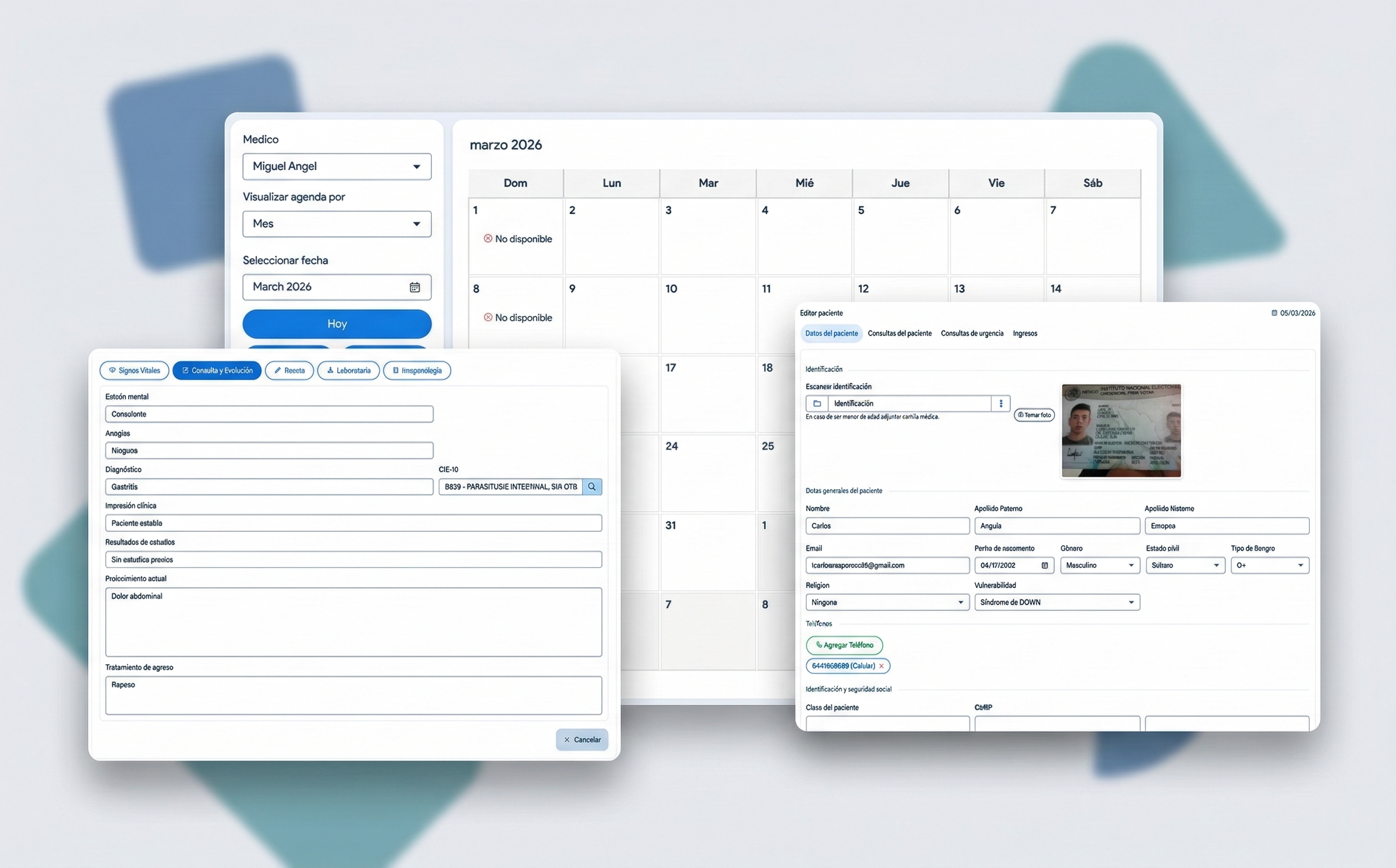Sistema MediSuite mostrando agenda médica, expediente clínico y gestión de pacientes